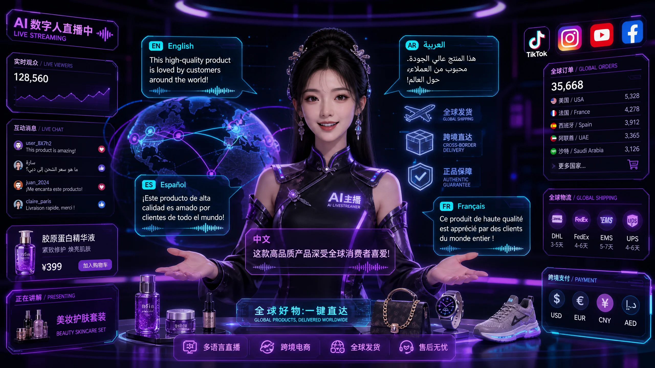 AI数字人多语种跨境电商直播展示英语阿‌拉‌伯语西班‍牙语同步带货